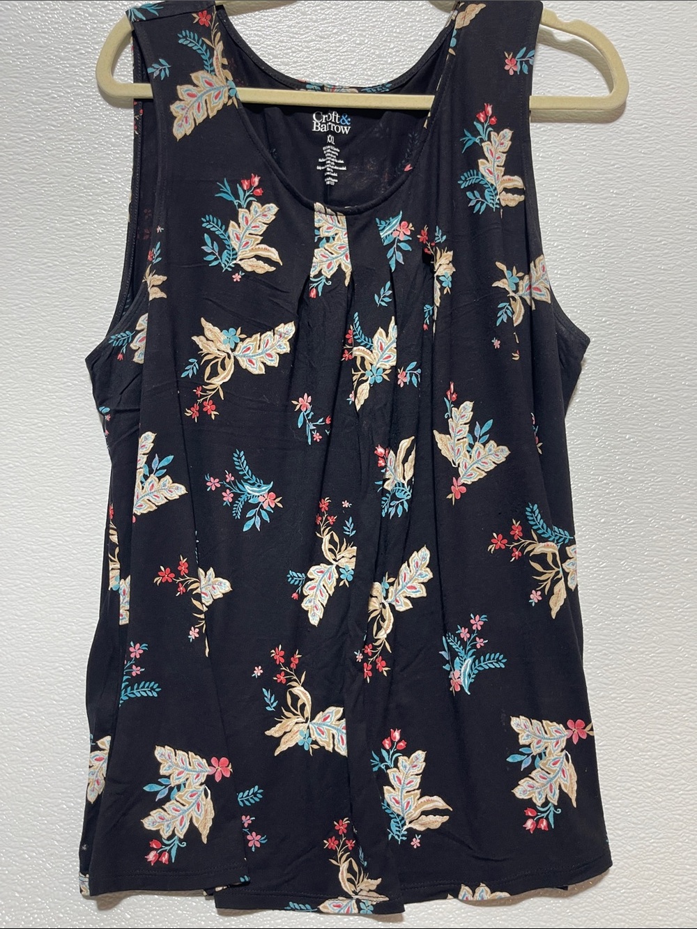 croft & barrow Black Floral Pleated Tank with Teal and Cream Accents